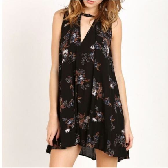 Free People Floral Mini Dress Black V Neck Sleeveless Swing Flowy Babydoll S - Picture 1 of 16
